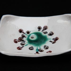 Handbuilt, glazed white rectangle soapdish with jade and crimson COVID-19 illustration with drainage holes - Soapdish (rectangler) - 100mm x140mm diameter £40