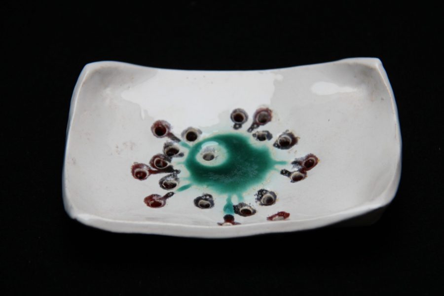 Handbuilt, glazed white rectangle soapdish with jade and crimson COVID-19 illustration with drainage holes - Soapdish (rectangler) - 100mm x140mm diameter £40